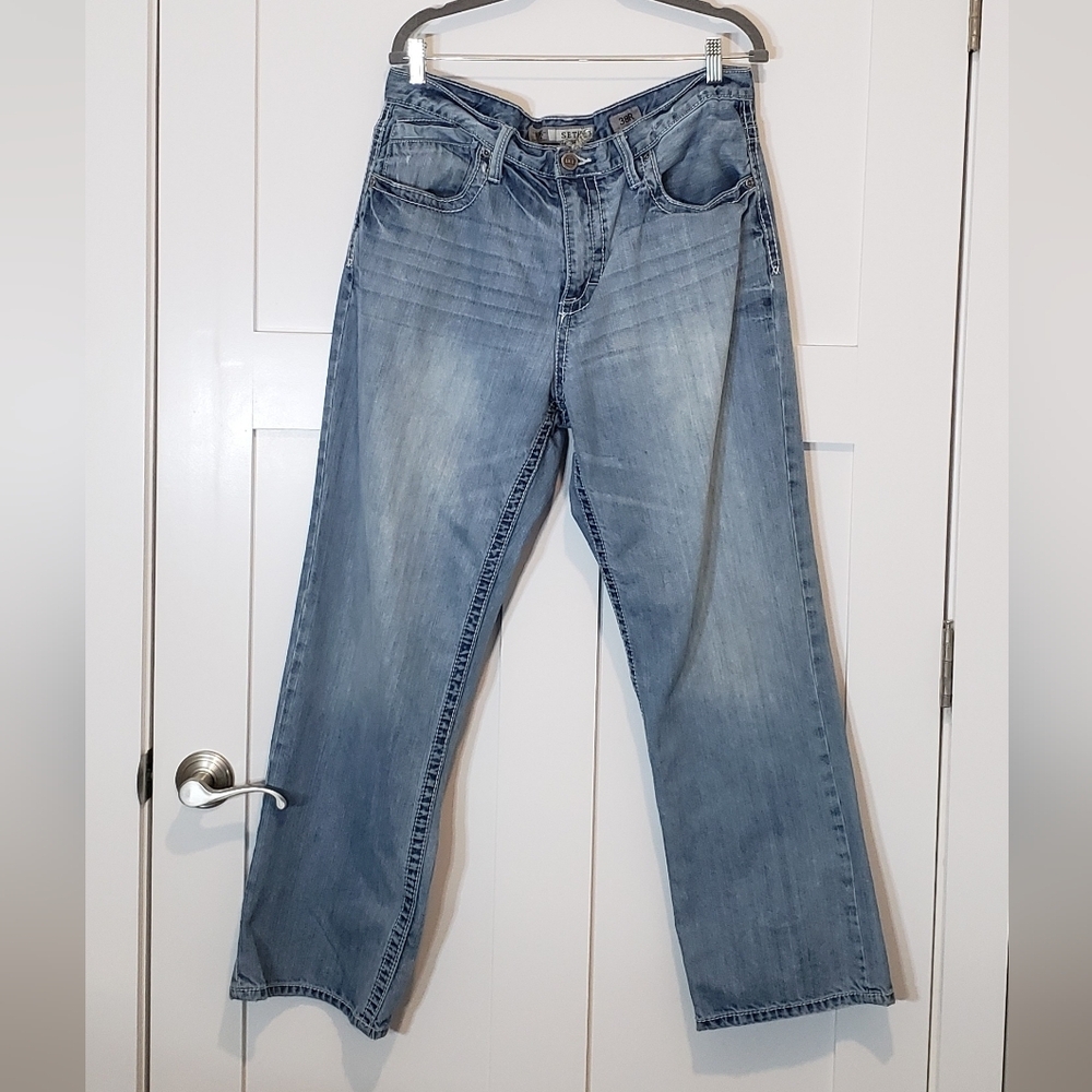 BKE Seth Jeans Size 38 X 30.5 High Rise Lightwash Straight Leg Whiskering Fading